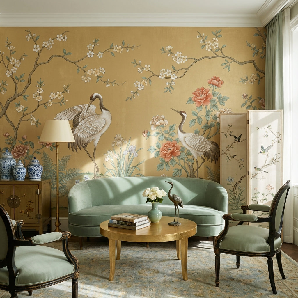 Asian-Inspired Wallpaper Cranes Vintage Wall Mural