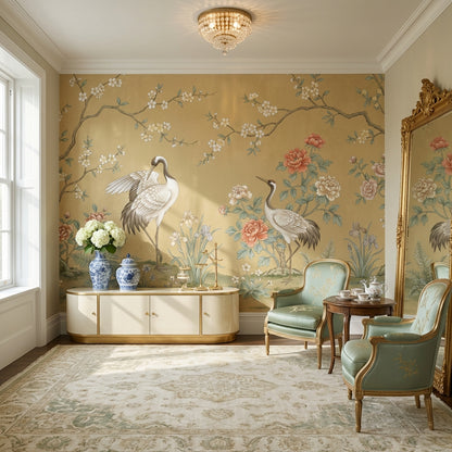 Asian-Inspired Wallpaper Cranes Vintage Wall Mural