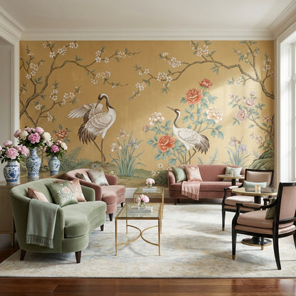 Asian-Inspired Wallpaper Cranes Vintage Wall Mural