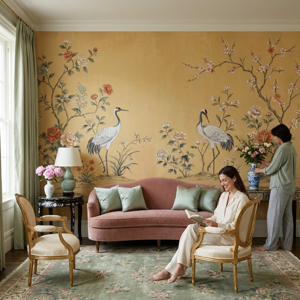 Cranes Wall Mural Oriental Vintage Wallpaper