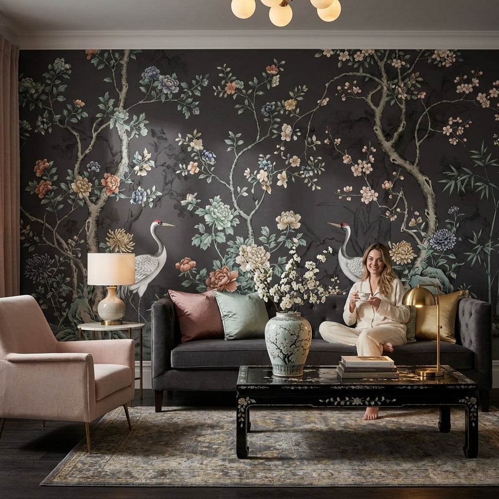 Floral Wallpaper Cranes Oriental Wall Decor