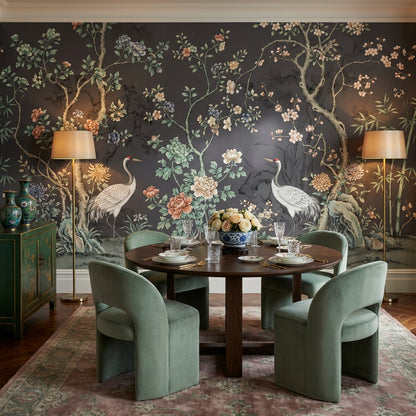 Floral Wallpaper Cranes Oriental Wall Decor