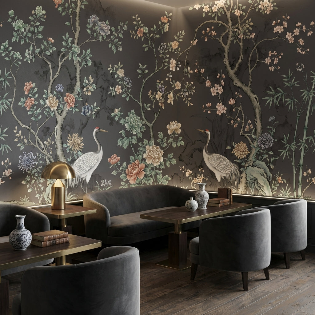 Floral Wallpaper Cranes Oriental Wall Decor