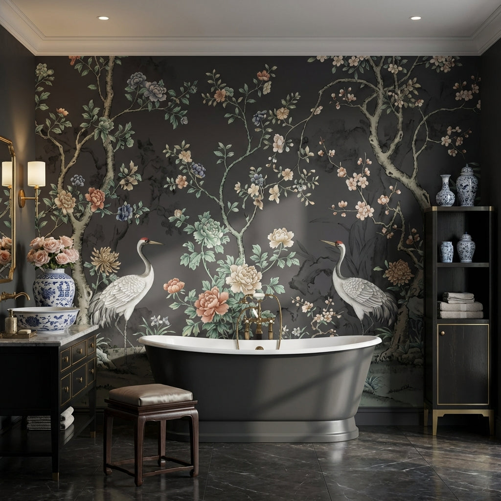 Floral Wallpaper Cranes Oriental Wall Decor