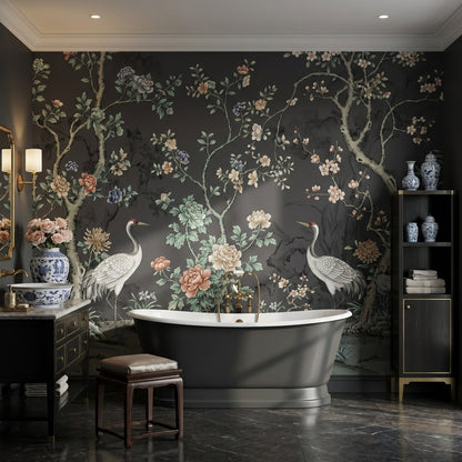 Floral Wallpaper Cranes Oriental Wall Decor