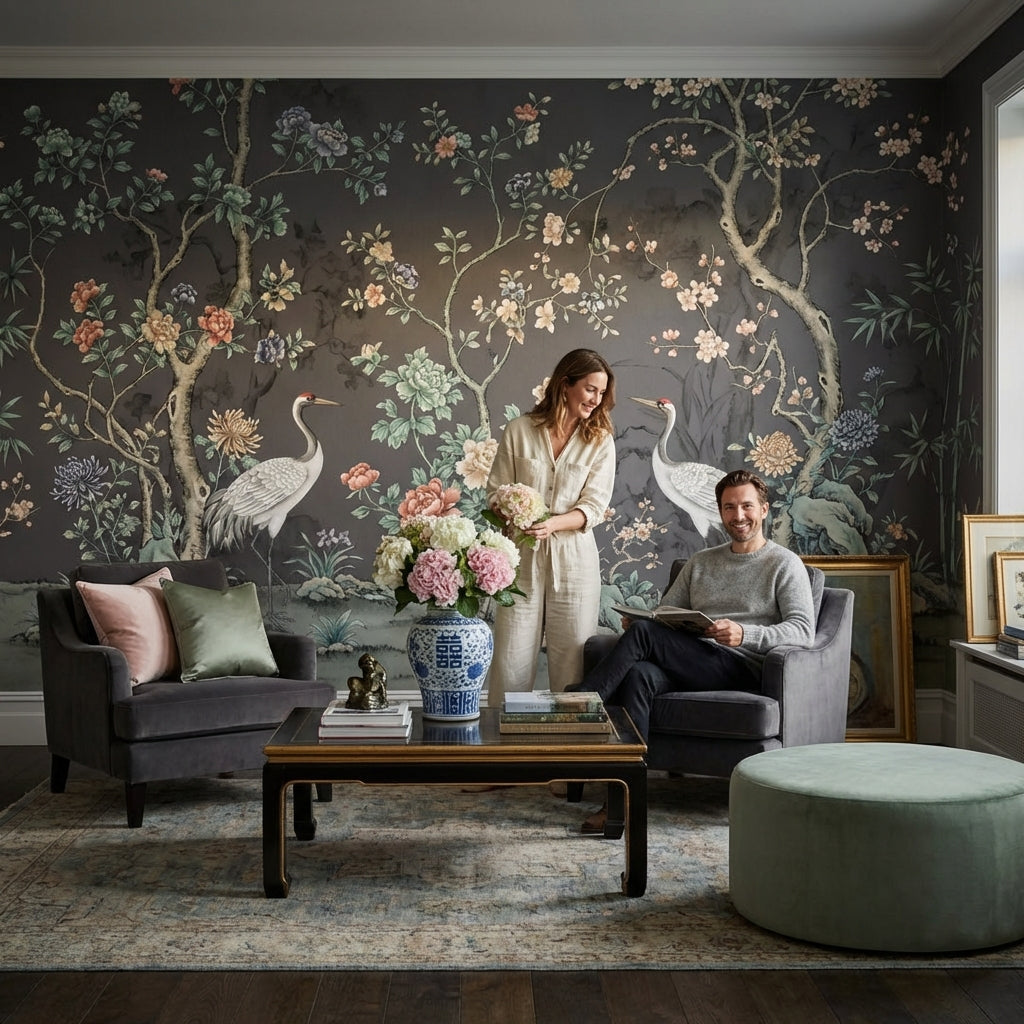 Floral Wallpaper Cranes Oriental Wall Decor
