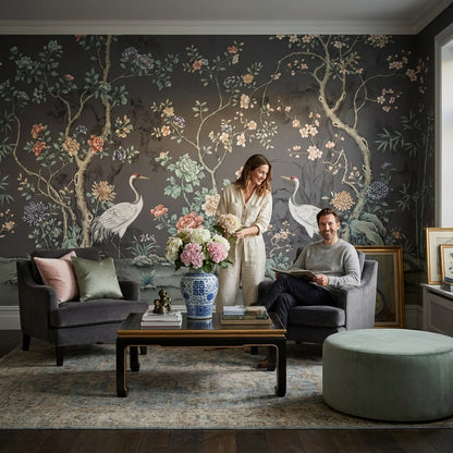 Floral Wallpaper Cranes Oriental Wall Decor