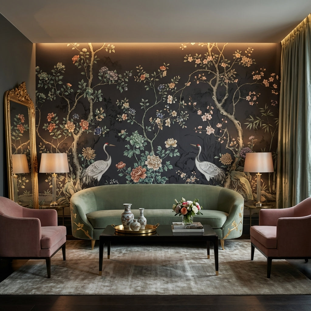 Floral Wallpaper Cranes Oriental Wall Decor