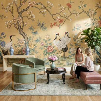 Oriental Wallpaper Cranes Floral Wall Mural