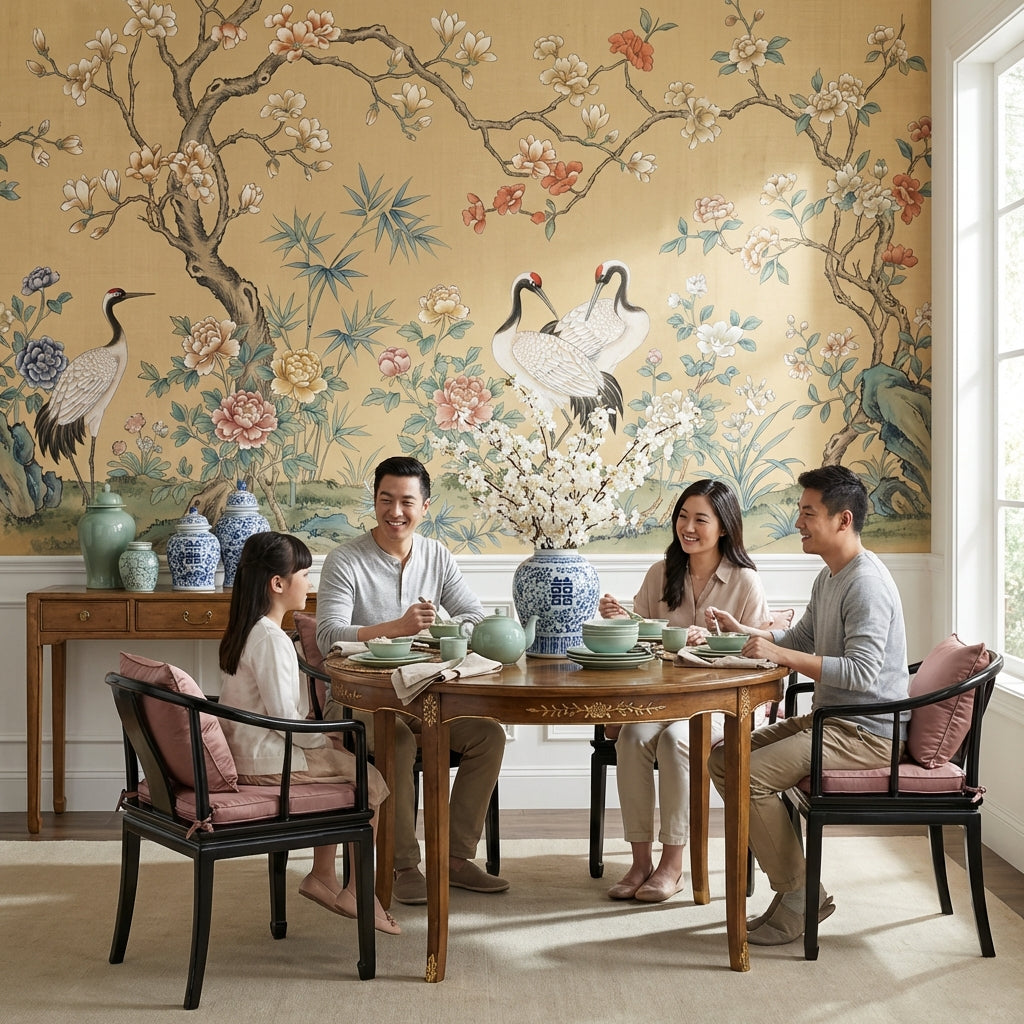 Oriental Wallpaper Cranes Floral Wall Mural