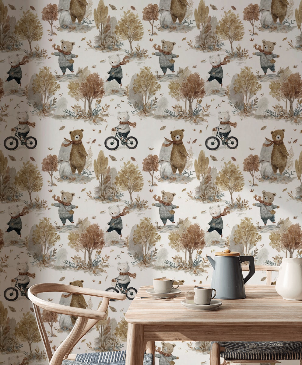 Whimsical Forest Wallpaper Bicycle Bear Decorative Mural
