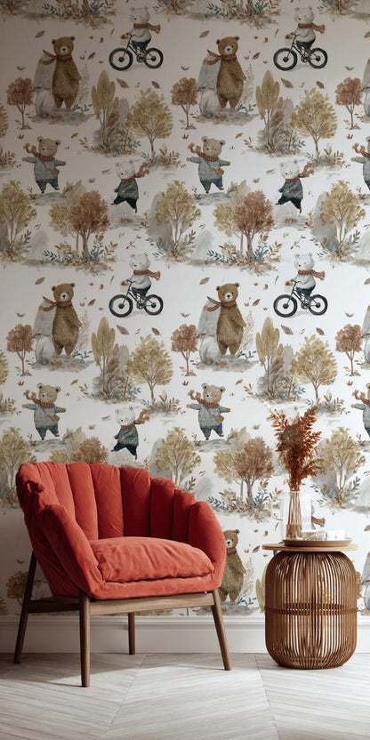 Whimsical Forest Wallpaper Bicycle Bear Decorative Mural