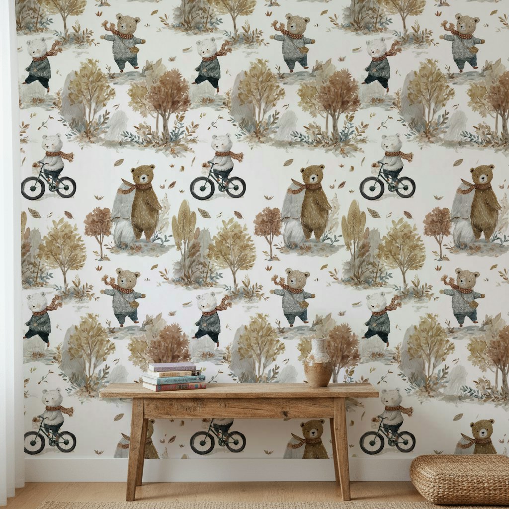 Whimsical Forest Wallpaper Bicycle Bear Decorative Mural