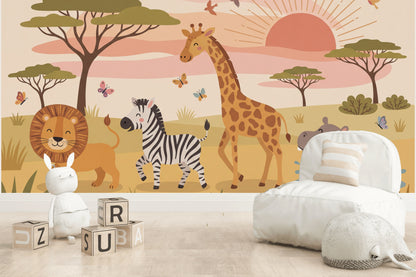 Safari Cartoon Wallpaper Nature Animals Wall Mural