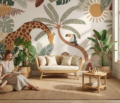 Tropical Wallpaper Giraffe Toucan Wall Mural