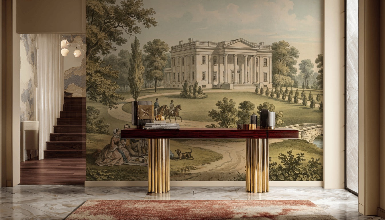 Vintage Landscape Wallpaper Neoclassical Mansion Wall Mural