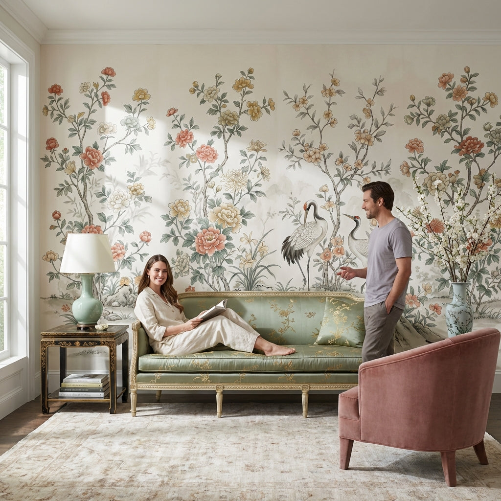 Floral Wallpaper Cranes Oriental Wall Decor