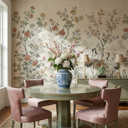 Floral Wallpaper Cranes Oriental Wall Decor