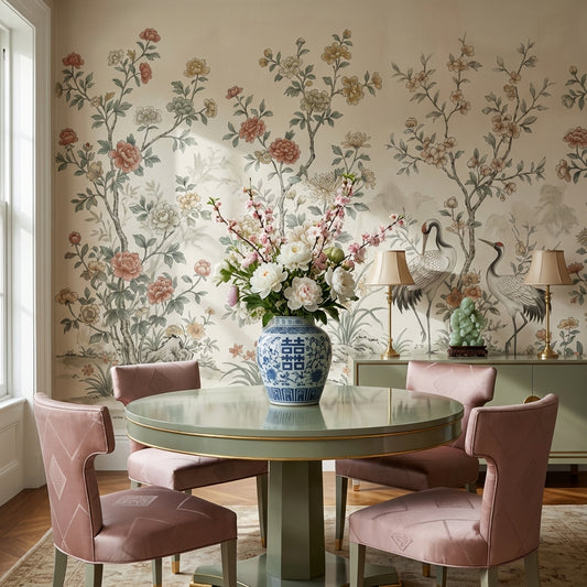 Floral Wallpaper Cranes Oriental Wall Decor