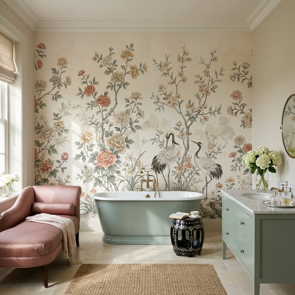 Floral Wallpaper Cranes Oriental Wall Decor