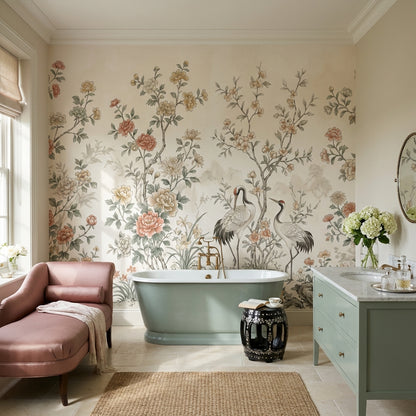 Floral Wallpaper Cranes Oriental Wall Decor
