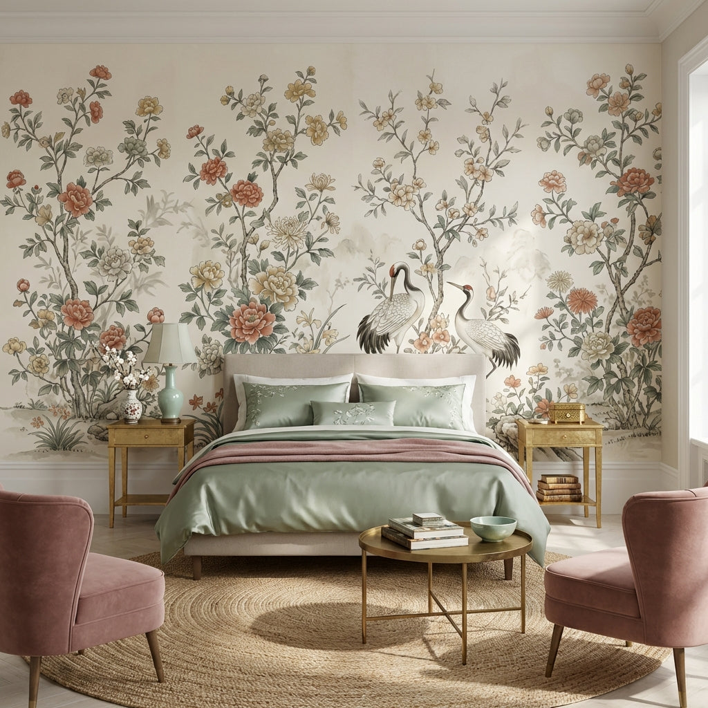 Floral Wallpaper Cranes Oriental Wall Decor