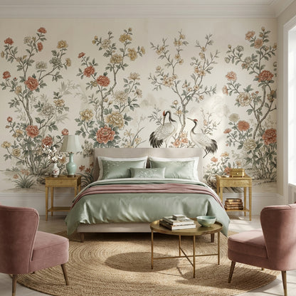 Floral Wallpaper Cranes Oriental Wall Decor