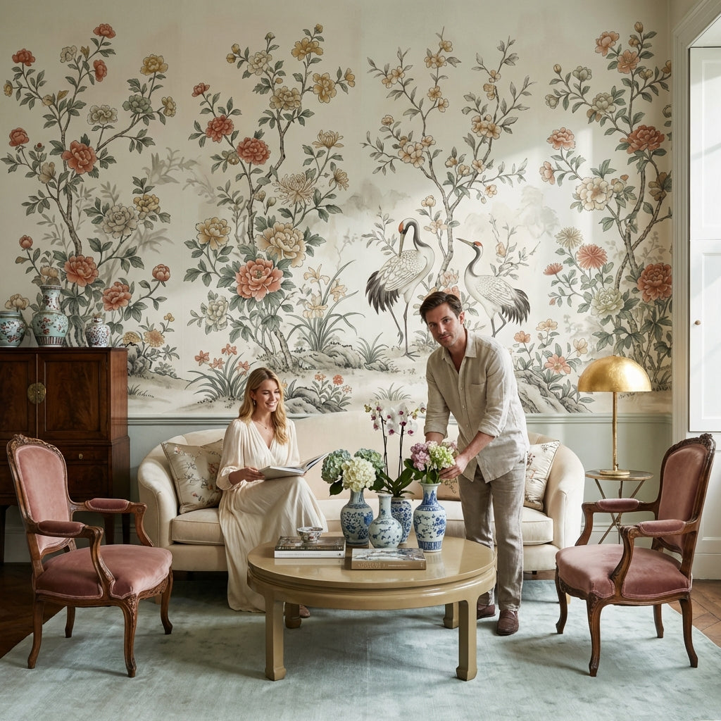 Floral Wallpaper Cranes Oriental Wall Decor