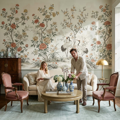 Floral Wallpaper Cranes Oriental Wall Decor