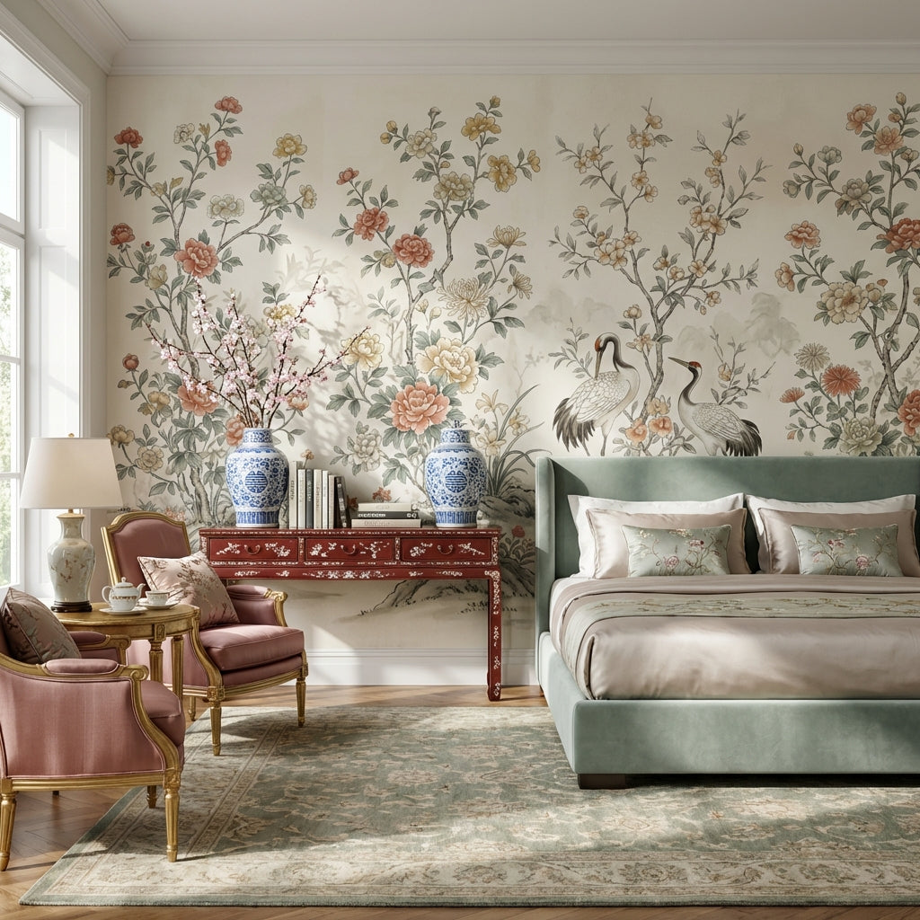 Floral Wallpaper Cranes Oriental Wall Decor