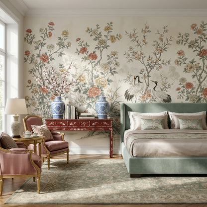 Floral Wallpaper Cranes Oriental Wall Decor