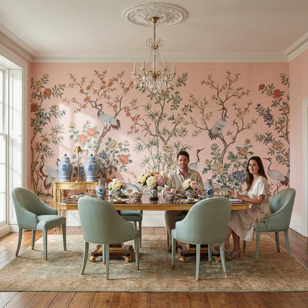 Floral Wallpaper Cranes Oriental Wall Mural