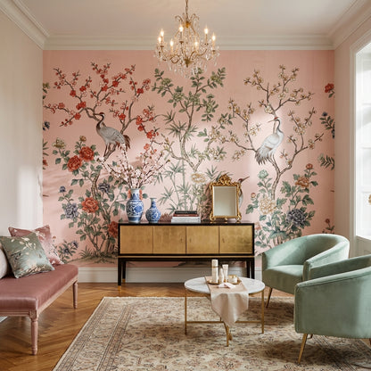 Floral Wallpaper Cranes Oriental Wall Mural