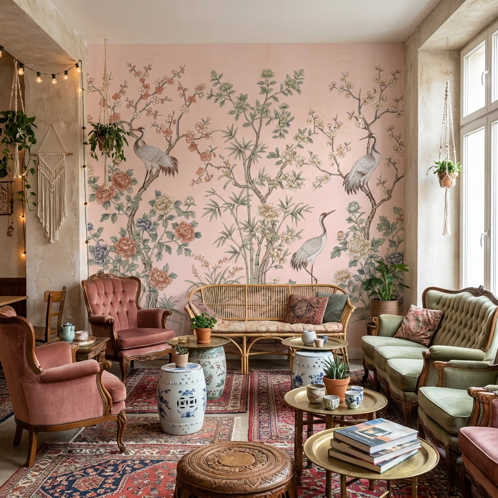 Floral Wallpaper Cranes Oriental Wall Mural
