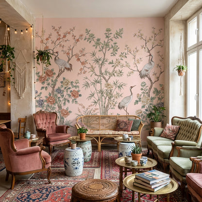 Floral Wallpaper Cranes Oriental Wall Mural