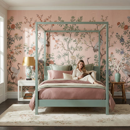 Floral Wallpaper Cranes Oriental Wall Mural