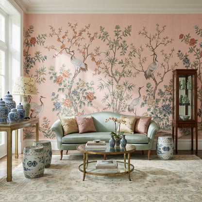 Floral Wallpaper Cranes Oriental Wall Mural