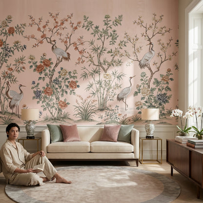 Floral Wallpaper Cranes Oriental Wall Mural