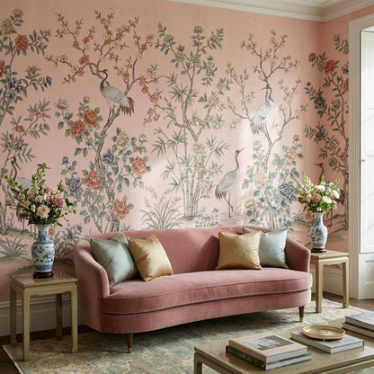 Floral Wallpaper Cranes Oriental Wall Mural