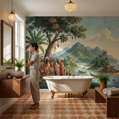 Indigenous Landscape Wallpaper Mountain Ship Wall Mural