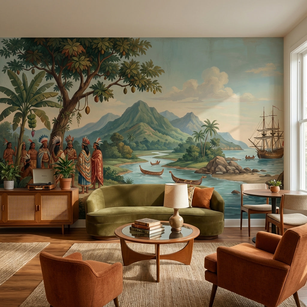 Indigenous Landscape Wallpaper Mountain Ship Wall Mural