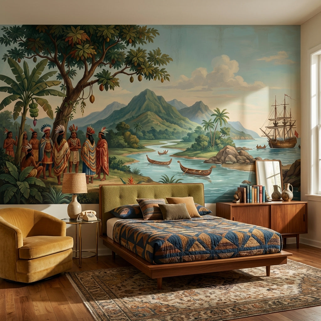 Indigenous Landscape Wallpaper Mountain Ship Wall Mural