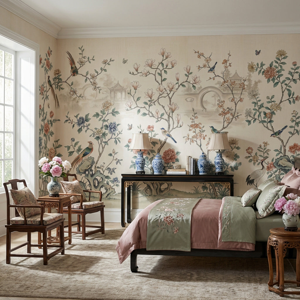 Oriental Birds Wallpaper Vintage Pastel Wall Mural