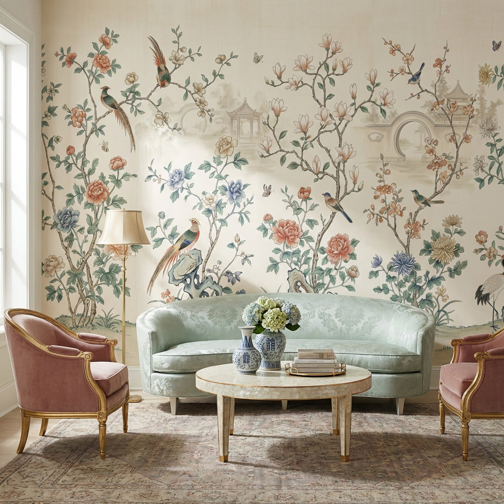 Oriental Birds Wallpaper Vintage Pastel Wall Mural