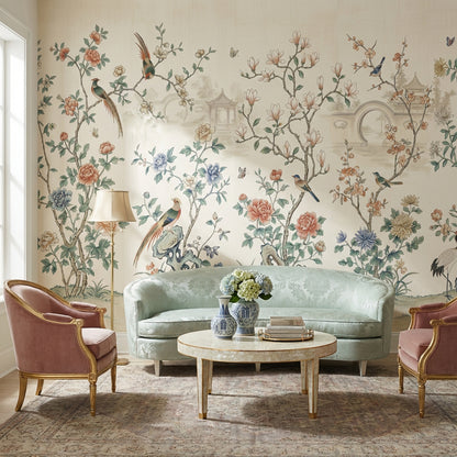 Oriental Birds Wallpaper Vintage Pastel Wall Mural