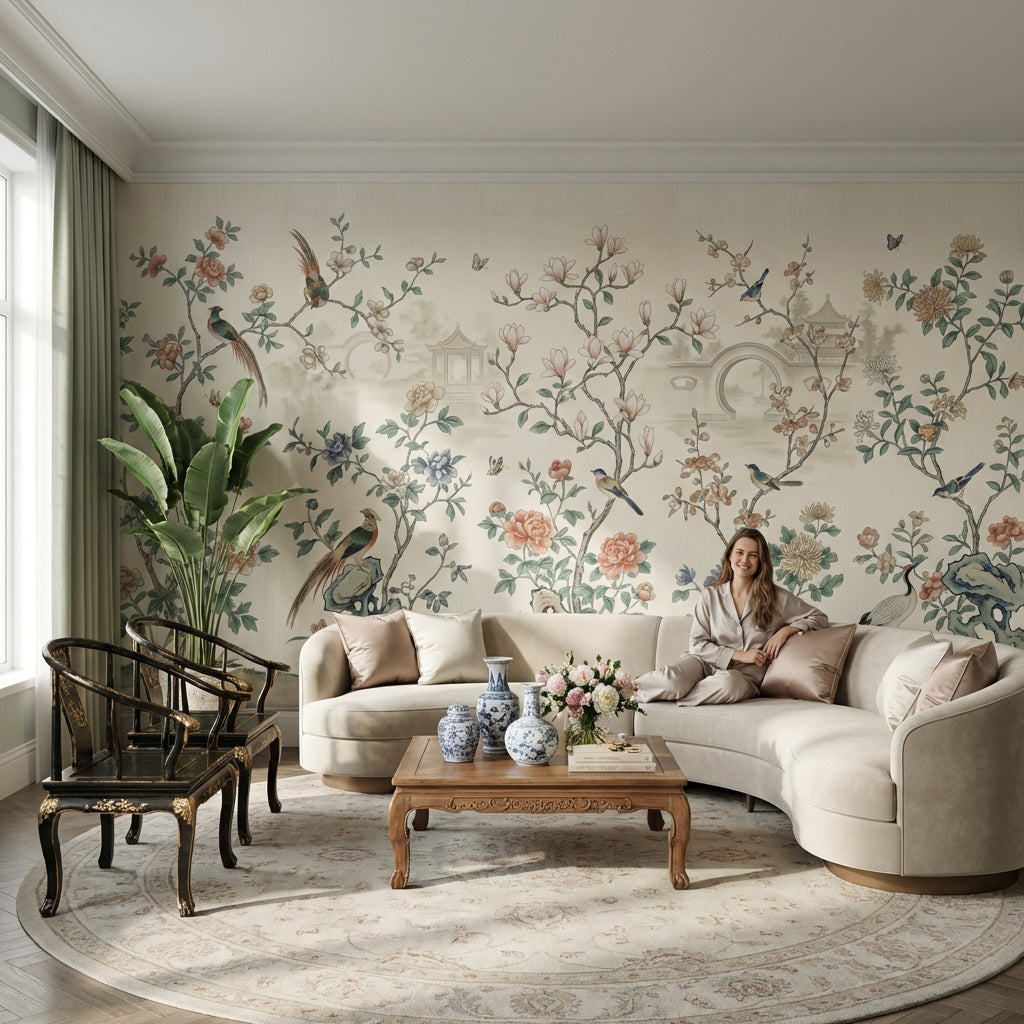 Oriental Birds Wallpaper Vintage Pastel Wall Mural