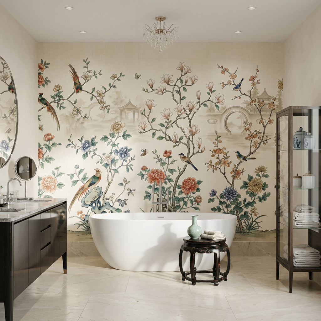 Oriental Birds Wallpaper Vintage Pastel Wall Mural