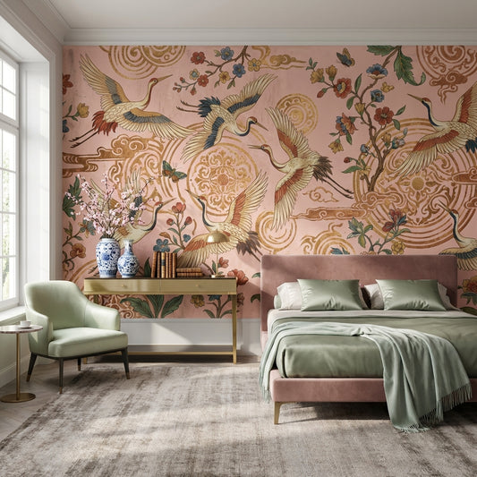 Chinoiserie Wallpaper Pink Nature Removable Wall Decor