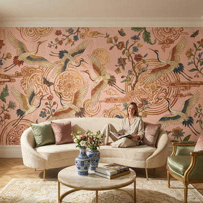 Chinoiserie Wallpaper Pink Nature Removable Wall Decor