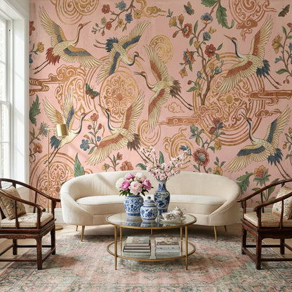 Chinoiserie Wallpaper Pink Nature Removable Wall Decor